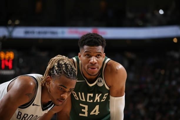 Giannis Antetokounmpo of the Milwaukee Bucks looks on during the game against the Brooklyn Nets during Round 2, Game 3 of the 2021 NBA Playoffs on...