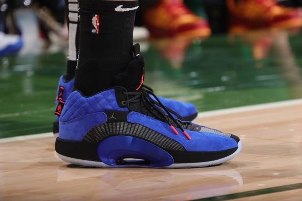 The sneakers worn by Blake Griffin of the Brooklyn Nets during Round 2, Game 3 of the 2021 NBA Playoffs on June 10, 2021 at the Fiserv Forum Center...