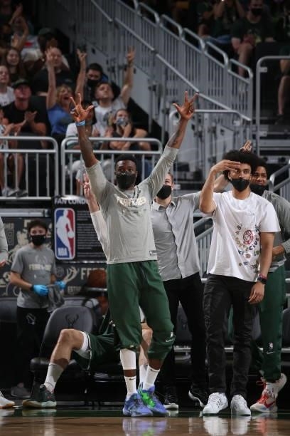Thanasis Antetokounmpo of the Milwaukee Bucks celebrates during the game against the Brooklyn Nets during Round 2, Game 3 of the 2021 NBA Playoffs on...