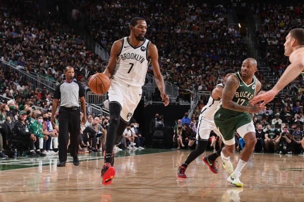 Kevin Durant of the Brooklyn Nets drives to the basket against the Milwaukee Bucks during Round 2, Game 3 of the 2021 NBA Playoffs on June 10, 2021...