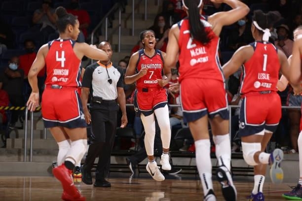 Ariel Atkins of the Washington Mystics celebrates during the game against the Los Angeles Sparks on June 10, 2021 at Entertainment & Sports Arena in...