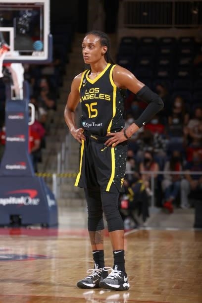 Brittney Sykes of the Los Angeles Sparks looks on during the game against the Washington Mystics on June 10, 2021 at Entertainment & Sports Arena in...