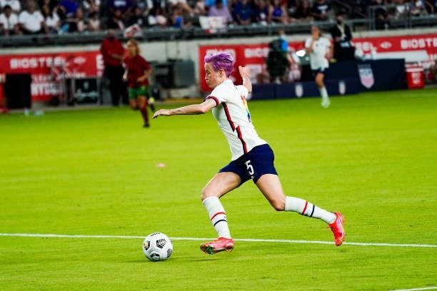 Megan Rapinoe of the United States shoots during the first half of the 2021 WNT Summer Series friendly against Portugal at BBVA Stadium on June 10,...