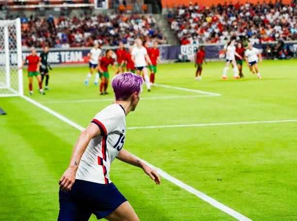 Megan Rapinoe of the United States kicks a corner during the first half of the 2021 WNT Summer Series friendly against Portugal at BBVA Stadium on...