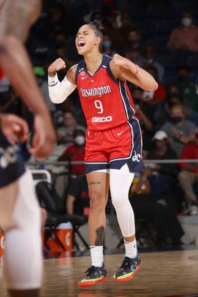 Natasha Cloud of the Washington Mystics celebrates during the game against the Los Angeles Sparks on June 10, 2021 at Entertainment & Sports Arena in...