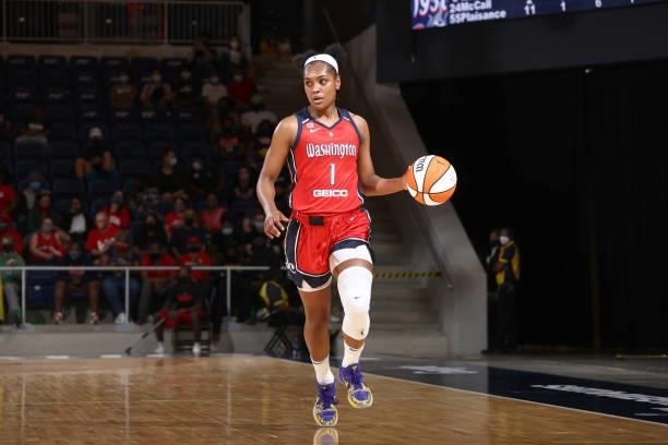 Kiara Leslie of the Washington Mystics handles the ball against the Los Angeles Sparks on June 10, 2021 at Entertainment & Sports Arena in...