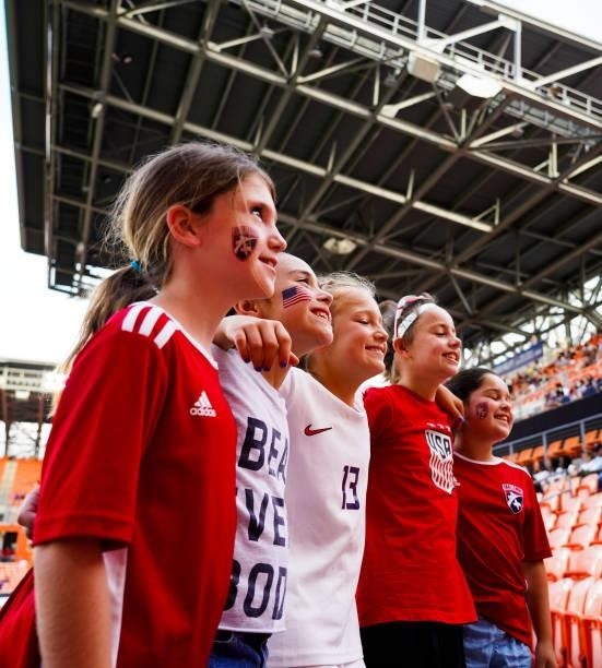 Young fans look on before the 2021 WNT Summer Series friendly between Portugal and United States at BBVA Stadium on June 10, 2021 in Houston, Texas.