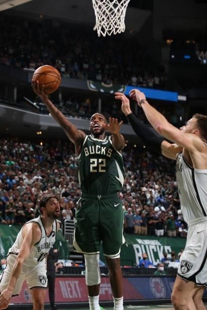 Khris Middleton of the Milwaukee Bucks shoots the ball during the game against the Brooklyn Nets during Round 2, Game 3 of the 2021 NBA Playoffs on...