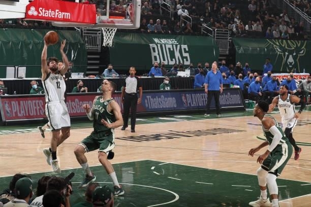 Joe Harris of the Brooklyn Nets shoots the ball against the Milwaukee Bucks during Round 2, Game 3 of the 2021 NBA Playoffs on June 10, 2021 at the...