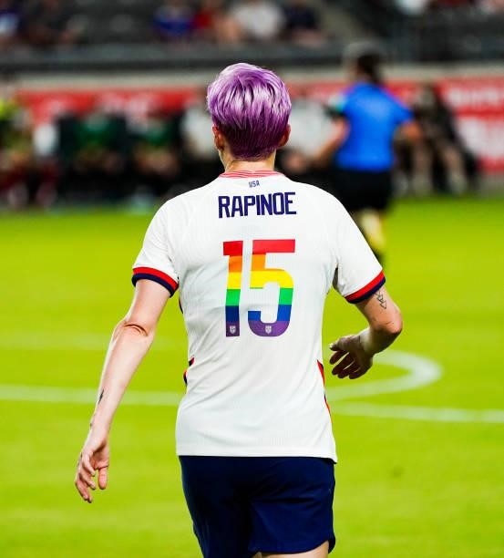 Megan Rapinoe of the United States wears a jersey representing support for the LBGTQIA+ community the 2021 WNT Summer Series friendly against...