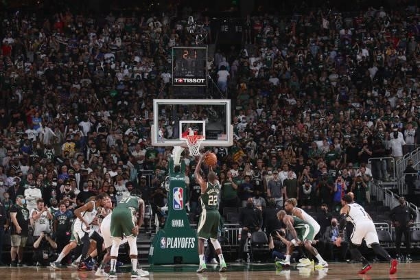 Khris Middleton of the Milwaukee Bucks shoots a free throw to win the game against the Brooklyn Nets during Round 2, Game 3 of the 2021 NBA Playoffs...