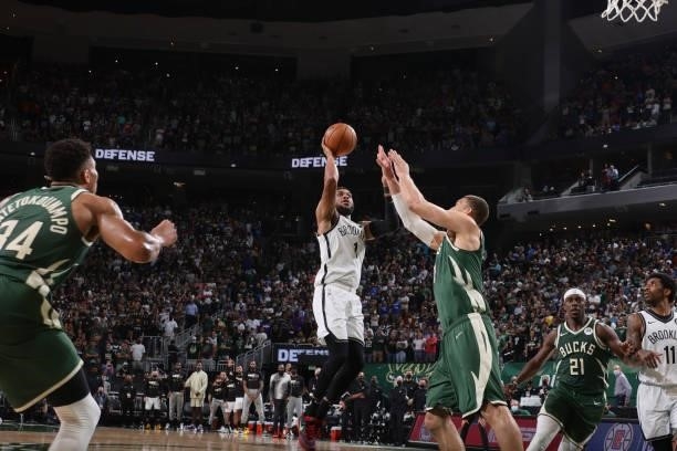 Bruce Brown of the Brooklyn Nets shoots the ball against the Milwaukee Bucks during Round 2, Game 3 of the 2021 NBA Playoffs on June 10, 2021 at the...