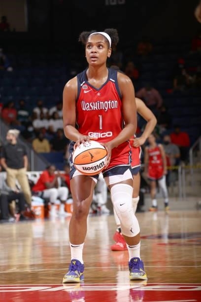 Kiara Leslie of the Washington Mystics prepares to shoot a free throw against the Los Angeles Sparks on June 10, 2021 at Entertainment & Sports Arena...