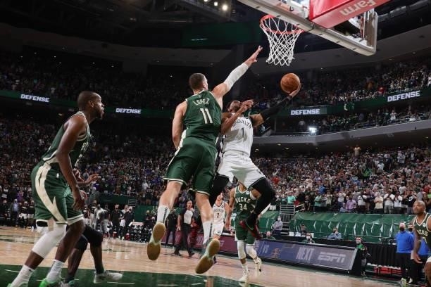 Bruce Brown of the Brooklyn Nets drives to the basket against the Milwaukee Bucks during Round 2, Game 3 of the 2021 NBA Playoffs on June 10, 2021 at...