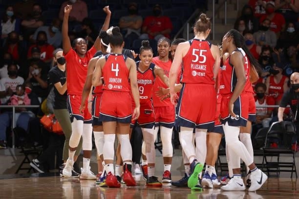 The Washington Mystics huddle up during the game against the Los Angeles Sparks on June 10, 2021 at Entertainment & Sports Arena in Washington, DC....
