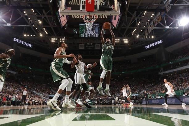 Khris Middleton of the Milwaukee Bucks grabs the rebound during the game against the Brooklyn Nets during Round 2, Game 3 of the 2021 NBA Playoffs on...
