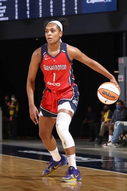 Kiara Leslie of the Washington Mystics handles the ball against the Los Angeles Sparks on June 10, 2021 at Entertainment & Sports Arena in...