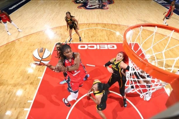 Myisha Hines-Allen of the Washington Mystics drives to the basket against the Los Angeles Sparks on June 10, 2021 at Entertainment & Sports Arena in...