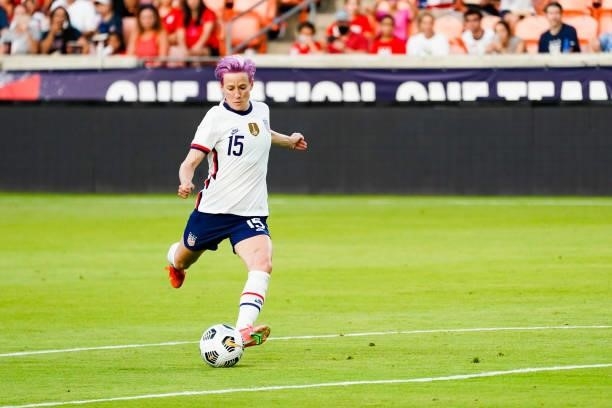 Megan Rapinoe of the United States kicks a free kick during the first half of the 2021 WNT Summer Series friendly against Portugal at BBVA Stadium on...