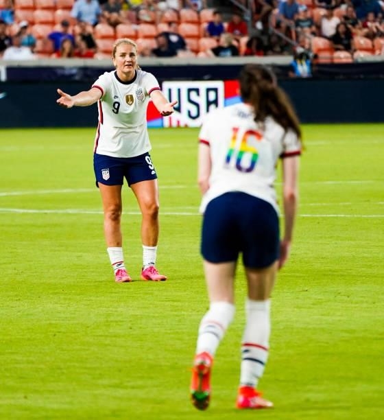 Lindsey Horan of the United States gestures after a call during the first half of the 2021 WNT Summer Series friendly against Portugal at BBVA...