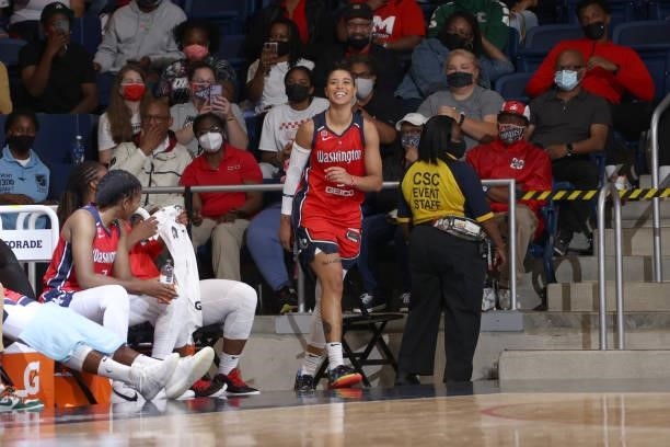 Natasha Cloud of the Washington Mystics smiles during the game against the Los Angeles Sparks on June 10, 2021 at Entertainment & Sports Arena in...