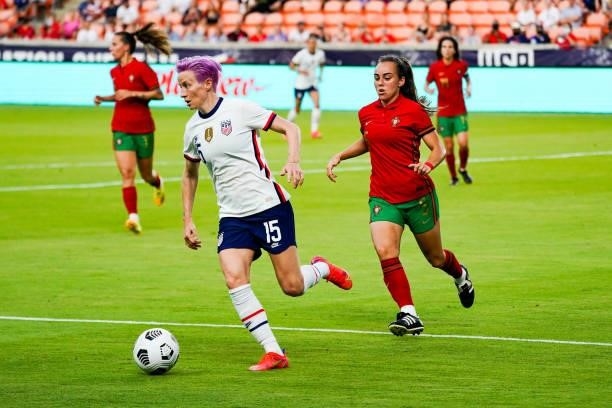 Megan Rapinoe of the United States controls the ball during the 2021 WNT Summer Series friendly against Portugal at BBVA Stadium on June 10, 2021 in...