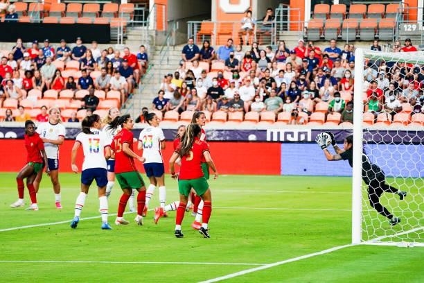 Inês Pereira of Portugal catches a shot on goal by the United States during the 2021 WNT Summer Series friendly at BBVA Stadium on June 10, 2021 in...