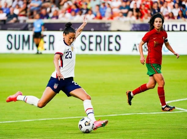 Christen Press of the United States shoots against Portugal during the first half of the 2021 WNT Summer Series friendly at BBVA Stadium on June 10,...