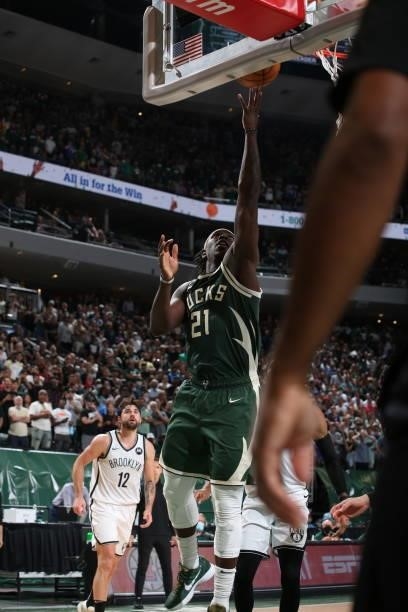 Jrue Holiday of the Milwaukee Bucks shoots the ball during the game against the Brooklyn Nets during Round 2, Game 3 of the 2021 NBA Playoffs on June...