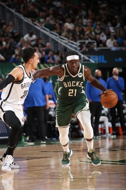 Jrue Holiday of the Milwaukee Bucks drives to the basket during the game against the Brooklyn Nets during Round 2, Game 3 of the 2021 NBA Playoffs on...