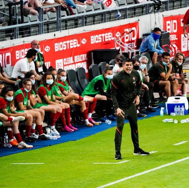 Head Coach Neto Fransisco of Portugal yells during the first half of the 2021 WNT Summer Series friendly against the United States at BBVA Stadium on...