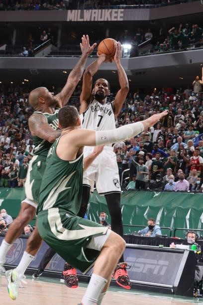 Kevin Durant of the Brooklyn Nets shoots the ball against the Milwaukee Bucks during Round 2, Game 3 of the 2021 NBA Playoffs on June 10, 2021 at the...