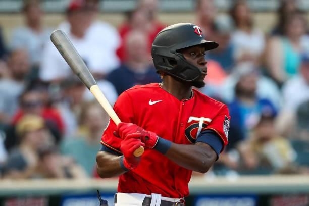 Nick Gordon of the Minnesota Twins hits a single against the New York Yankees in the third inning of the game at Target Field on June 10, 2021 in...