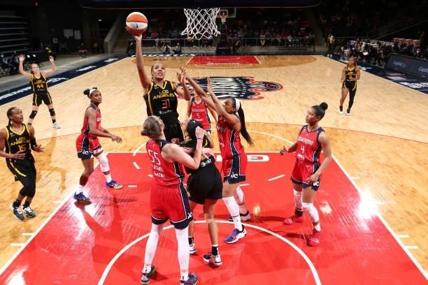 Kristine Anigwe of the Los Angeles Sparks shoots the ball against the Washington Mystics on June 10, 2021 at Entertainment & Sports Arena in...