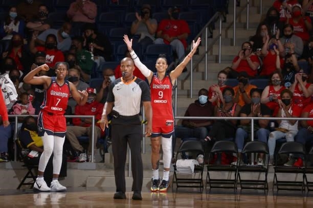 Natasha Cloud of the Washington Mystics celebrates during the game against the Los Angeles Sparks on June 10, 2021 at Entertainment & Sports Arena in...