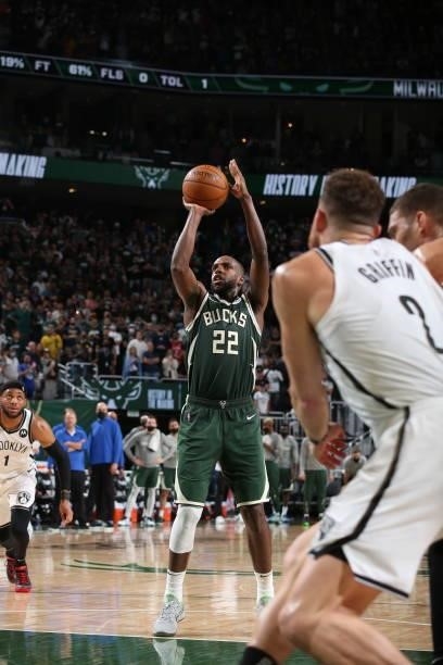 Khris Middleton of the Milwaukee Bucks shoots a free throw during the game against the Brooklyn Nets during Round 2, Game 3 of the 2021 NBA Playoffs...