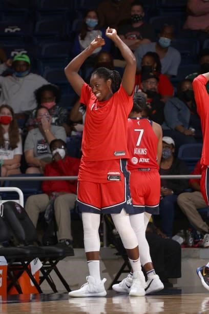 Tina Charles of the Washington Mystics smiles during the game against the Los Angeles Sparks on June 10, 2021 at Entertainment & Sports Arena in...