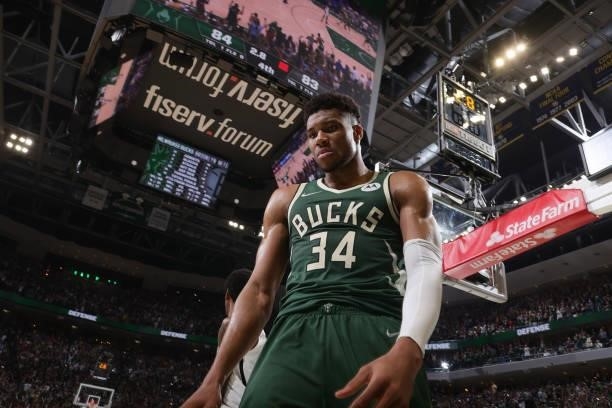 Giannis Antetokounmpo of the Milwaukee Bucks looks on during Round 2, Game 3 of the 2021 NBA Playoffs on June 10, 2021 at the Fiserv Forum Center in...