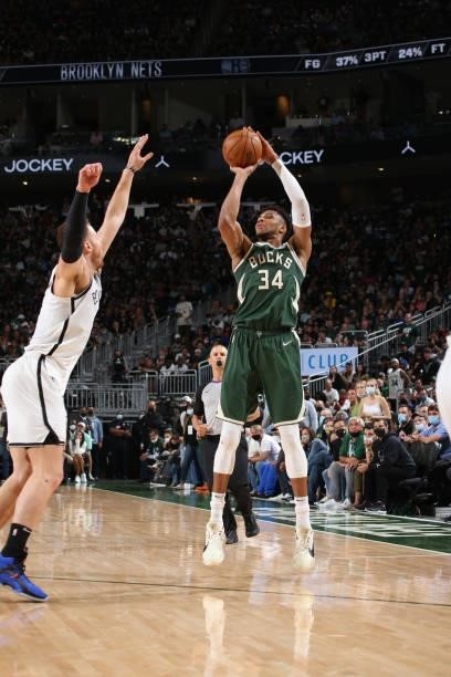 Giannis Antetokounmpo of the Milwaukee Bucks shoots the ball during the game against the Brooklyn Nets during Round 2, Game 3 of the 2021 NBA...
