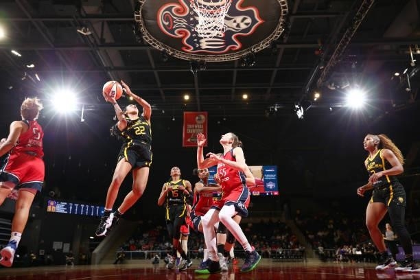 Arella Guirantes of the Los Angeles Sparks drives to the basket against the Washington Mystics on June 10, 2021 at Entertainment & Sports Arena in...
