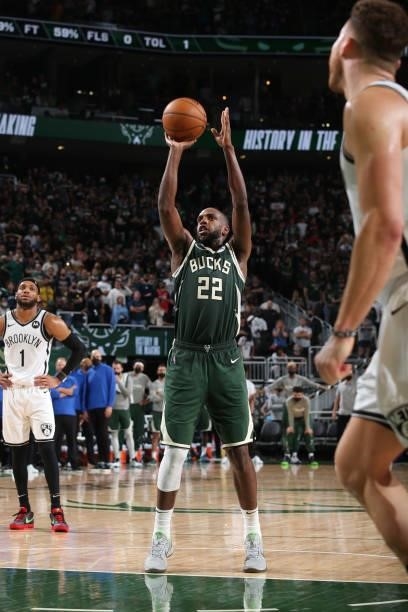 Khris Middleton of the Milwaukee Bucks shoots a free throw during the game against the Brooklyn Nets during Round 2, Game 3 of the 2021 NBA Playoffs...