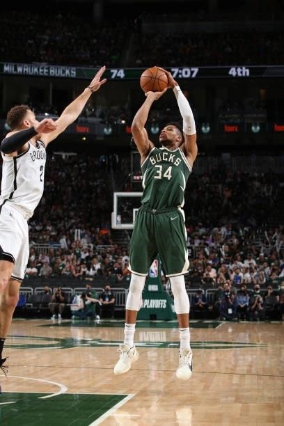 Giannis Antetokounmpo of the Milwaukee Bucks shoots the ball during the game against the Brooklyn Nets during Round 2, Game 3 of the 2021 NBA...