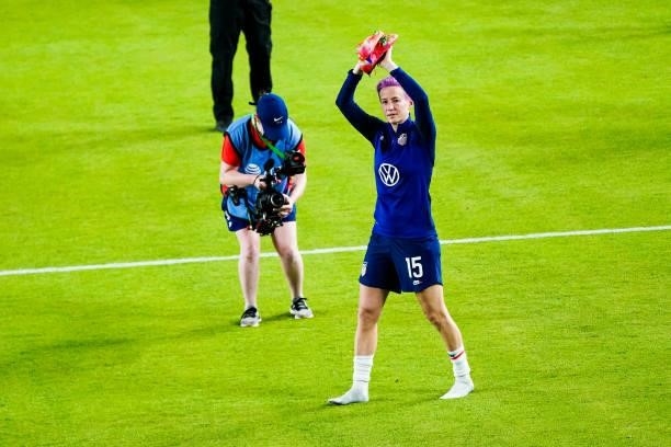 Megan Rapinoe of the United States acknowledges the crowd at the conclusion of the 2021 WNT Summer Series friendly against Portugal at BBVA Stadium...