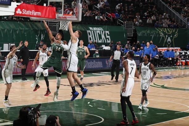 Giannis Antetokounmpo of the Milwaukee Bucks drives to the basket against the Brooklyn Nets during Round 2, Game 3 of the 2021 NBA Playoffs on June...