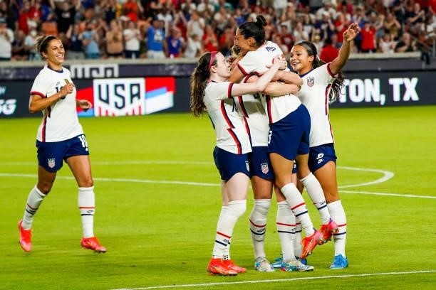Samantha Mewis of the United States celebrates her teammates after scoring a goal against Portugal in the second half of the 2021 WNT Summer Series...