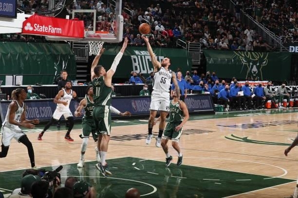 Mike James of the Brooklyn Nets shoots the ball against the Milwaukee Bucks during Round 2, Game 3 of the 2021 NBA Playoffs on June 10, 2021 at the...