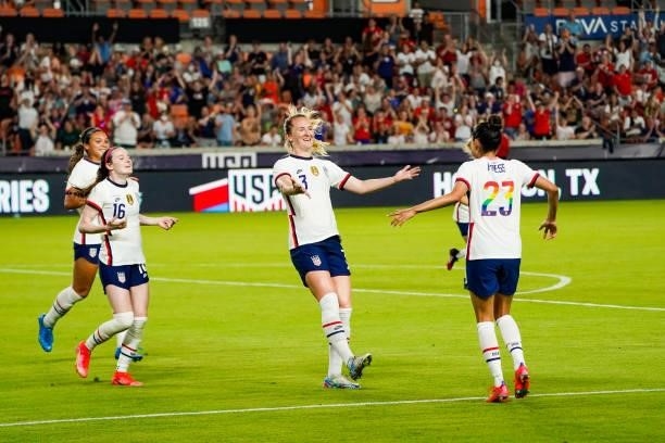 Samantha Mewis celebrates with Christen Press of the United States after scoring a goal against Portugal in the second half of the 2021 WNT Summer...