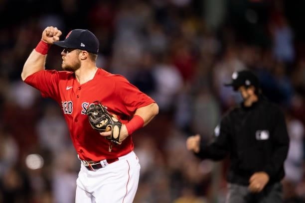 Christian Arroyo of the Boston Red Sox reacts after a double play during the seventh inning of a game against the Houston Astros on June 10, 2021 at...