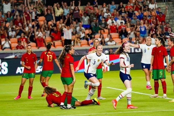 Samantha Mewis of the United States reacts after scoring a goal against Portugal during the second half of the 2021 WNT Summer Series friendly at...