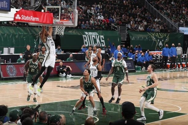 Nicolas Claxton of the Brooklyn Nets dunks the ball against the Milwaukee Bucks during Round 2, Game 3 of the 2021 NBA Playoffs on June 10, 2021 at...